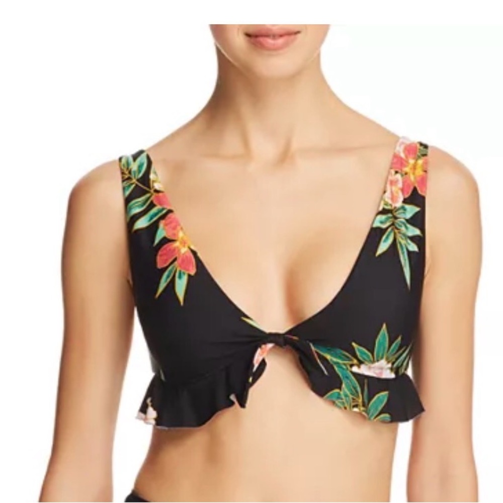 NEW Isabella Rose Tropical Floral Bikini Top S Black Ruffle Tie Front Swimwear